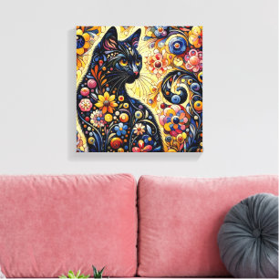 Zwart grillig kat Abstract bloemschilderij kunst Canvas Afdruk