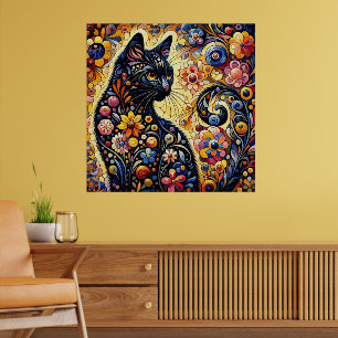 Zwart grillig kat Abstract bloemschilderij kunst Poster