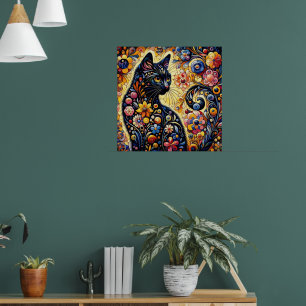 Zwart grillig kat Abstract bloemschilderij kunst Poster
