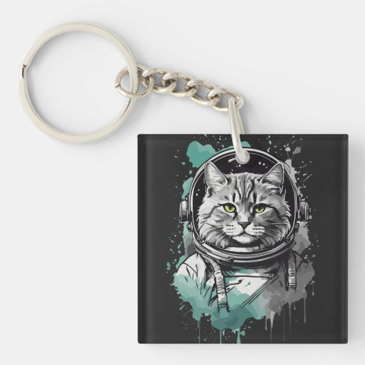 Zwart Groen Astronaut Cat Design Sleutelhanger (Voorkant)
