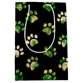 Zwart Groen Gestructureerd Paw Print Patroon Medium Cadeauzakje