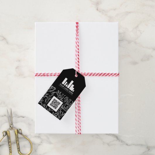Zwart groen patroon Uw Logo & QR code Cadeaulabel (Met Touw)