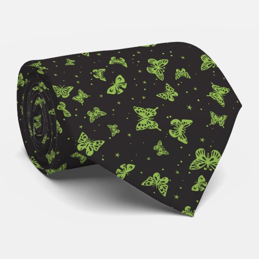 Zwart groen vintage vlindermotief patroon stropdas (Opgerold)