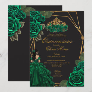 Zwart Groene Rozen Gouden Prinses Quinceañera Kaart