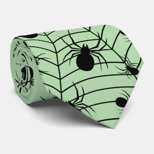 Zwart groene spinnen spinnenweb Halloween patroon Stropdas