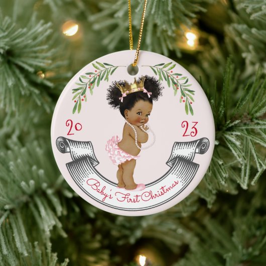  zwart haar baby's eerste kerst roze rood keramisch ornament (Boom)
