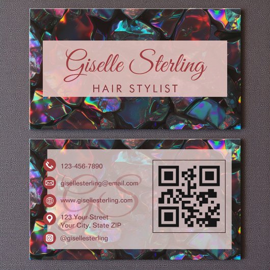 Zwart Haar Stylist Opal Edelsteen QR Code Visitekaartje