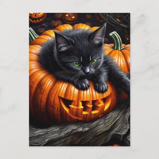 Zwart Halloween Kitten Briefkaart (Voorkant)