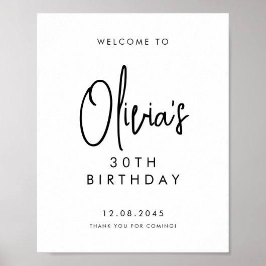 Zwart handgeschreven script 30th Birthday Welkom Poster (Voorkant)