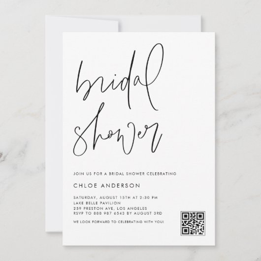 Zwart handgeschreven script QR Code Vrijgezellenfe Kaart (Voorkant)