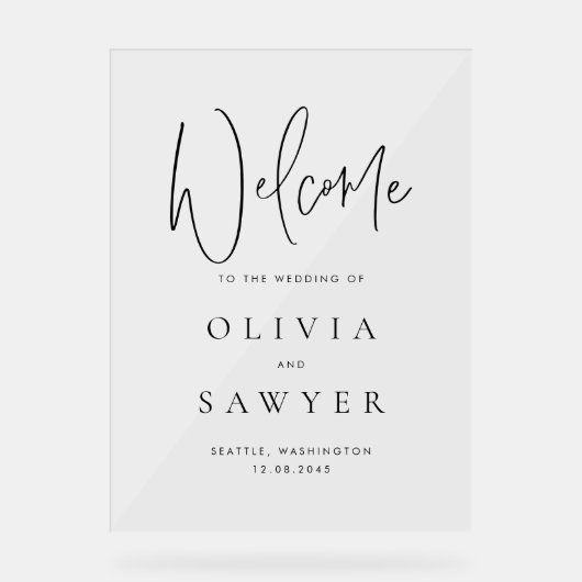 Zwart Handschrift Script Wedding Welkom Acryl Bord (Voorkant)