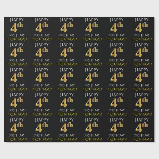Zwart, "HAPPY 4th BIRTHDAY"-omslagpapier Cadeaupapier (Vlak)