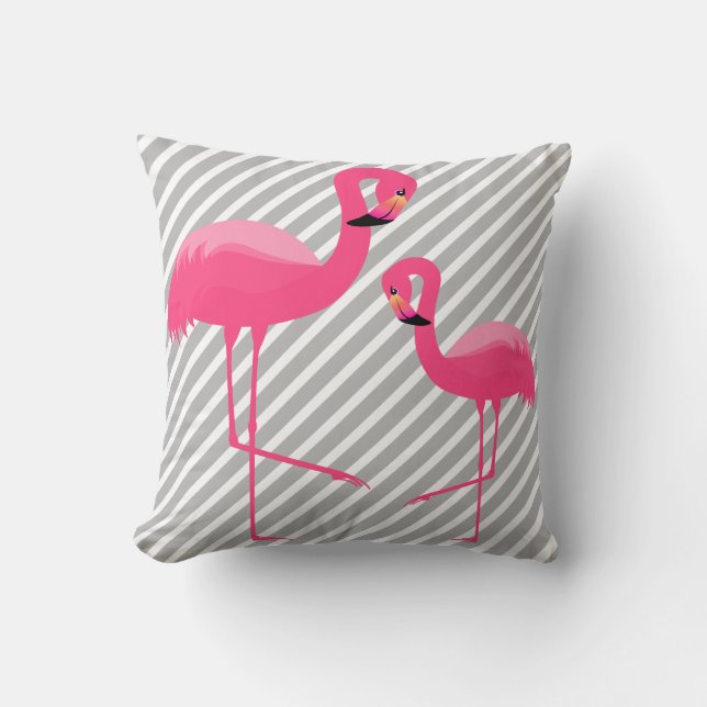 ZWART HARDE PINK FLAMINGO White Grey Stripe Kussen (Voorkant)