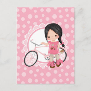 Zwart Harig Meisje Op Fiets - Roze Wit Briefkaart