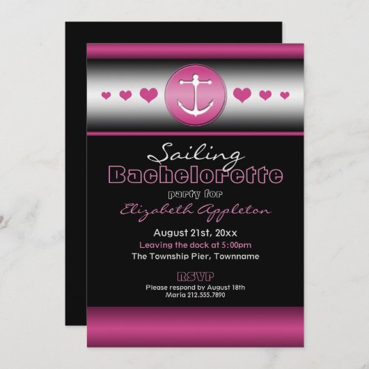 Zwart & Heet Fuchsia Nautische vrijgezellenfeest Kaart (Voorkant / Achterkant)