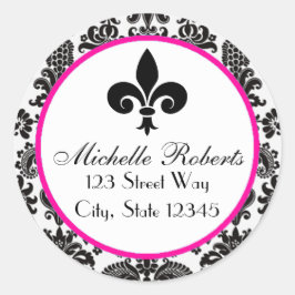 Zwart & Heet Roze Damast Fleur De Lys Adreslabel Ronde Sticker
