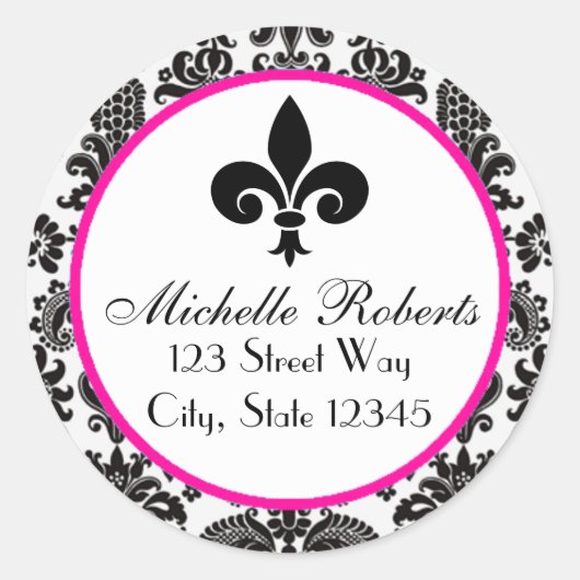 Zwart & Heet Roze Damast Fleur De Lys Adreslabel Ronde Sticker (Voorkant)