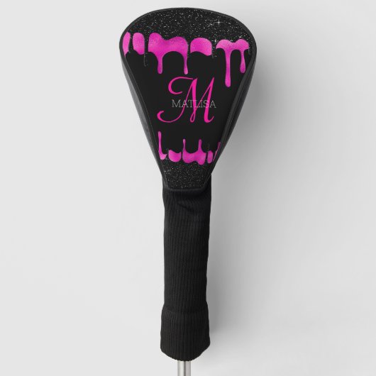 Zwart & Heet Roze Drip Glitter Monogram Naam Golfheadcover (Voorkant)