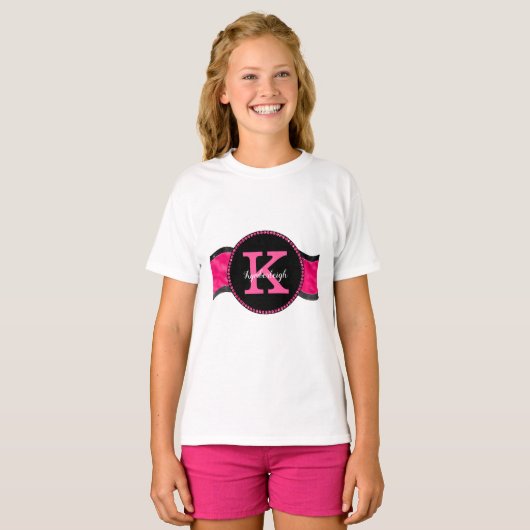 Zwart Heet Roze Grijze Golven Meisje Glam Monogram T-shirt (Voorkant volledig)