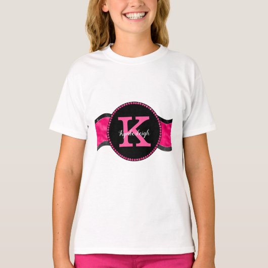 Zwart Heet Roze Grijze Golven Meisje Glam Monogram T-shirt (Voorkant)