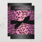 Zwart/Heet Roze Roos & Boog Verjaardagsuitnodiging Kaart (Voorkant / Achterkant)