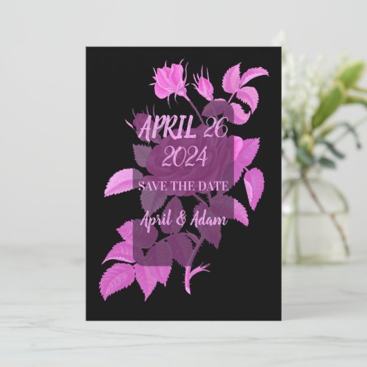 Zwart Heet Roze Roos Botanische Save the Date Kaar (Staand voorkant)