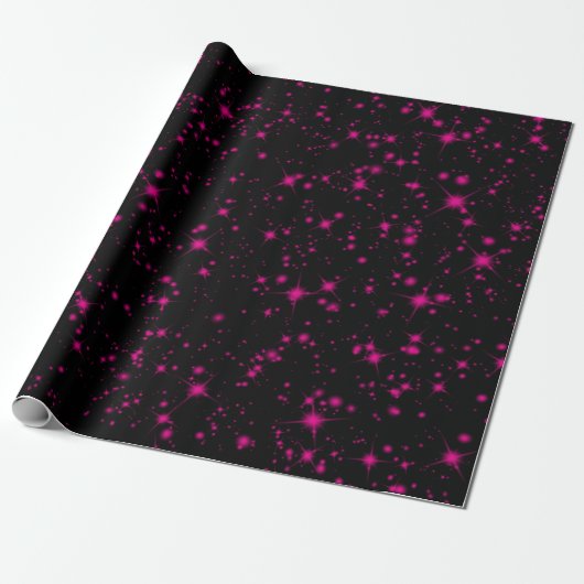Zwart & Heet Roze Sparkles Sparkly Glitter Sterren Cadeaupapier (Uitgerold)