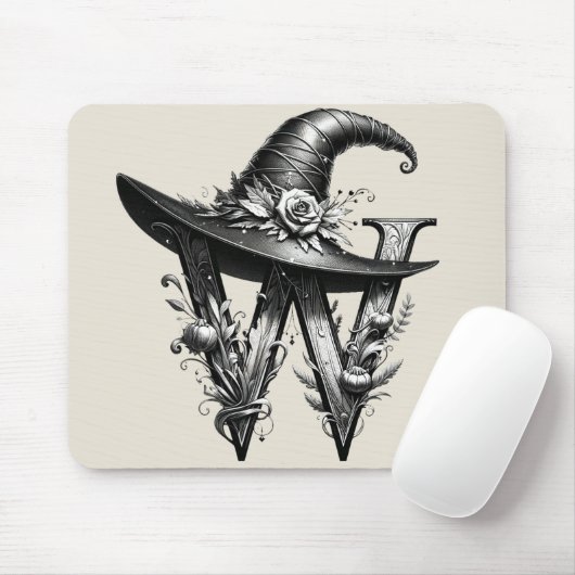 Zwart Heks Pet Witchy Letter W Custom Initiaal Muismat (Met muis)