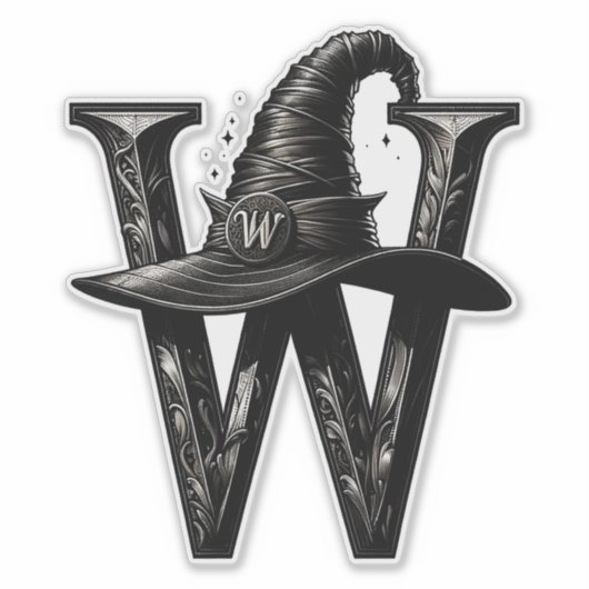 Zwart Heks Pet Witchy Letter W Custom Initiaal Sticker (Voorkant)