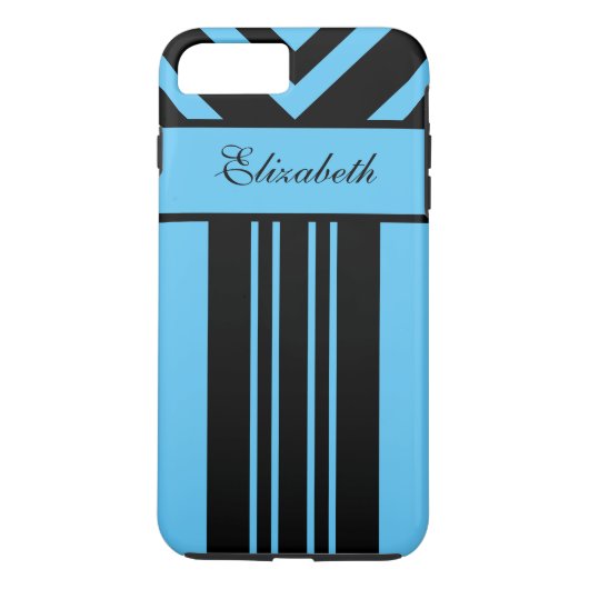 Zwart & Helder Blauw Strepen Chevrons, Jouw naam Case-Mate iPhone Case (Achterkant)