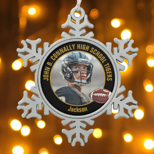 Zwart High School Football Speler Foto Tin Sneeuwvlok Ornament