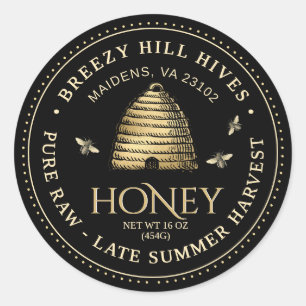 Zwart Honey Jar Label (Gouden Skep) stippelrand