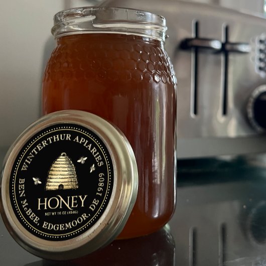 Zwart Honey Jar Label ( Skep) stippelrand