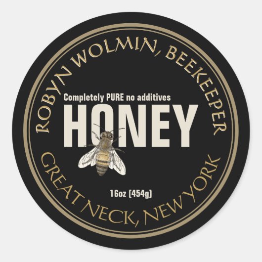 Zwart Honey Label met Bee Modern  (Voorkant)