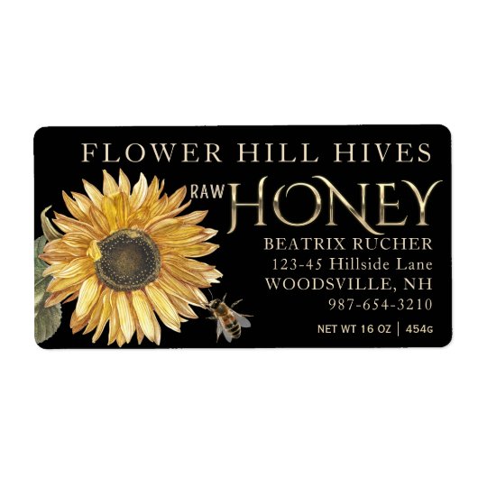 Zwart Honing Label Zonnebloem Bee Metallic Goud Te (Voorkant)