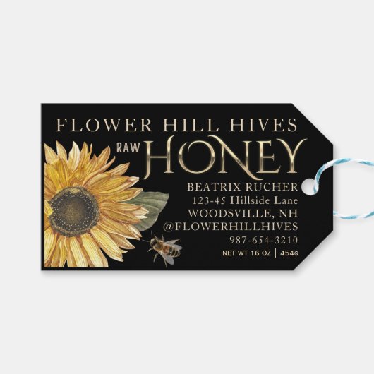 Zwart Honing Label Zonnebloem Bee Metallic Goud Te Cadeaulabel (Voorkant (Horizontaal))