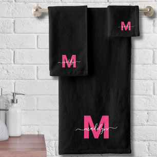 Zwart Hot Pink Modern Script Naam Monogram Bad Handdoek
