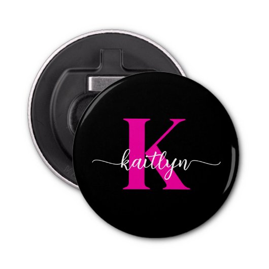 Zwart Hot Pink Monogram Button Flesopener (Voorkant)