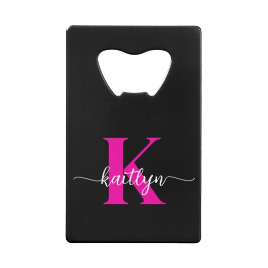 Zwart Hot Pink Monogram Kredietkaart Flessenopener (Voorkant)