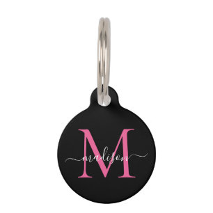Zwart Hot Pink Monogram Vrouwelijk Script Naam Huisdierpenning