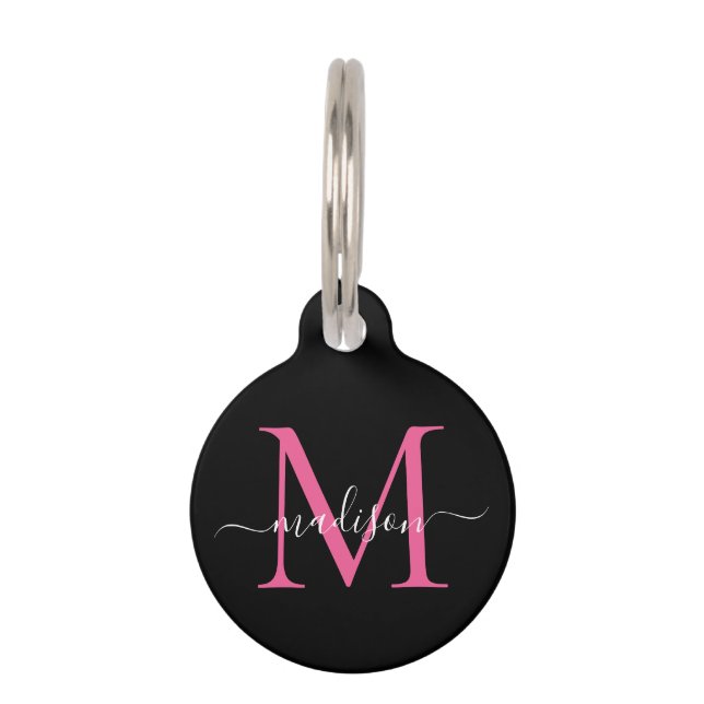 Zwart Hot Pink Monogram Vrouwelijk Script Naam Huisdierpenning (Voorkant)