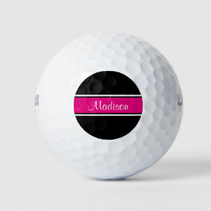 Zwart Hot Pink Stripe Script Naam Monogram Golfballen