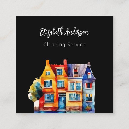 Zwart huis schoonmaak service QR-code Vierkante Visitekaartje (Voorkant)