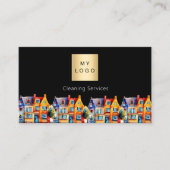Zwart huis schoonmaakdiensten QR code logo Visitekaartje (Voorkant)