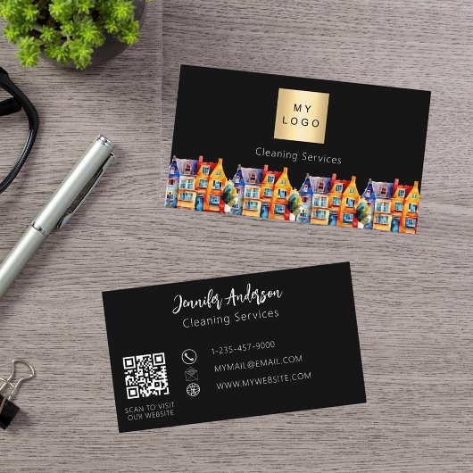 Zwart huis schoonmaakdiensten QR code logo Visitekaartje