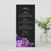 Zwart huwelijksmenu. Paarse florale dinerkaart Menu (Staand voorkant)