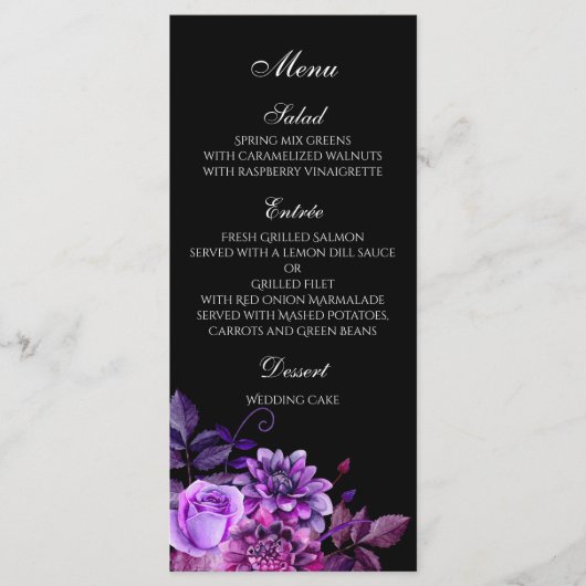 Zwart huwelijksmenu. Paarse florale dinerkaart Menu (Voorkant)