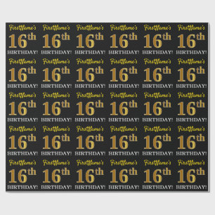 Zwart, Imitatie Goud "16e VERJAARDAG" Cadeaupapier