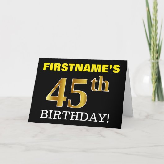 Zwart, Imitatie Goud "45th BIRTHDAY" Kaart (Voorkant)