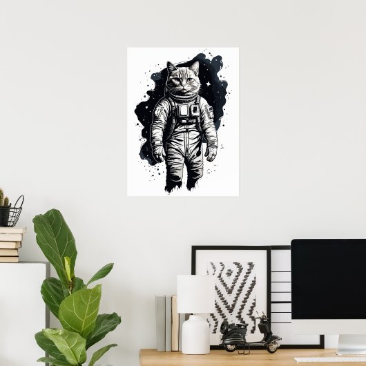 Zwart Inkt Astronaut Cat Design Poster (Thuiskantoor)